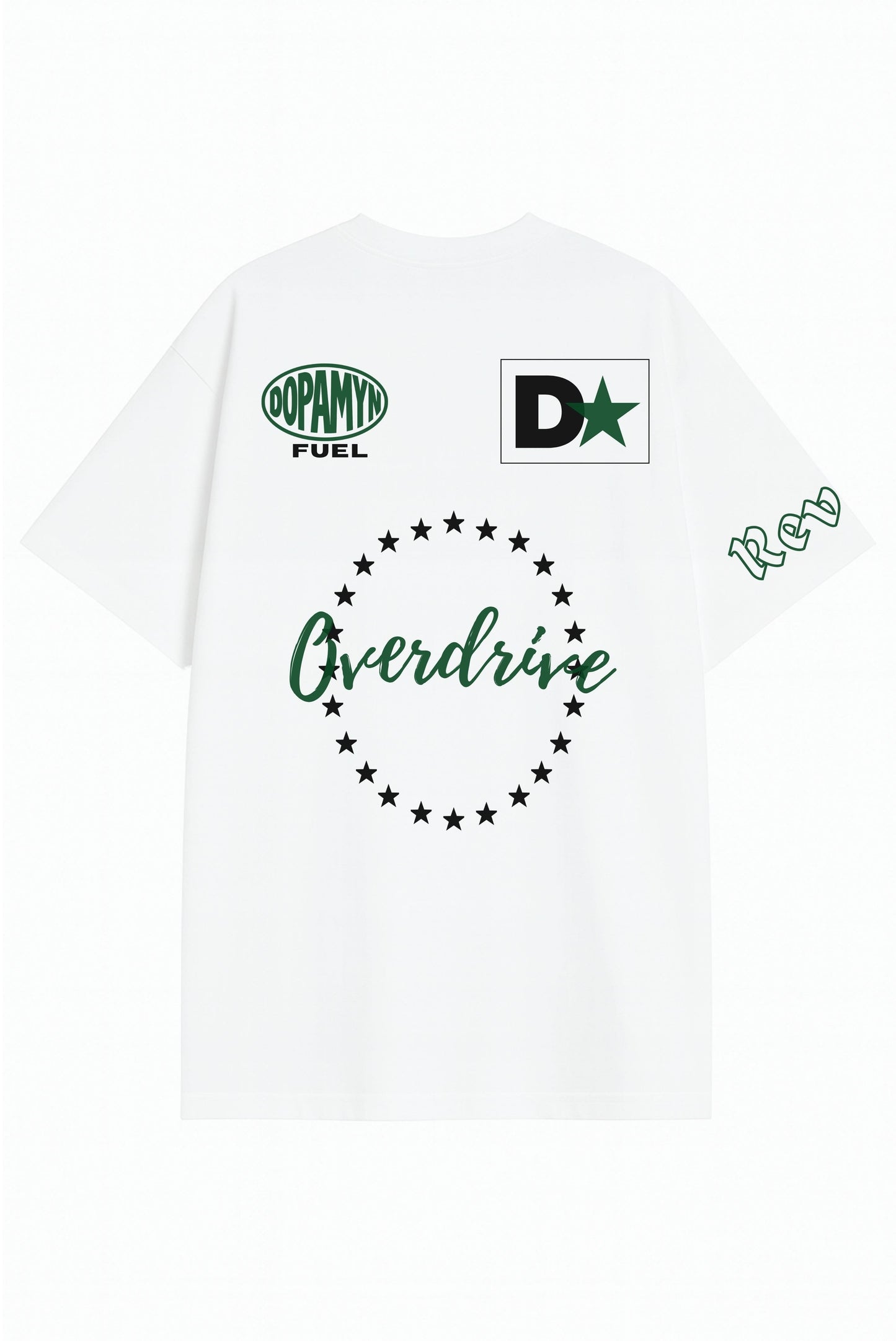Playera oversized blanca Overdrive con logos DOPAMYN y círculo de estrellas verde.