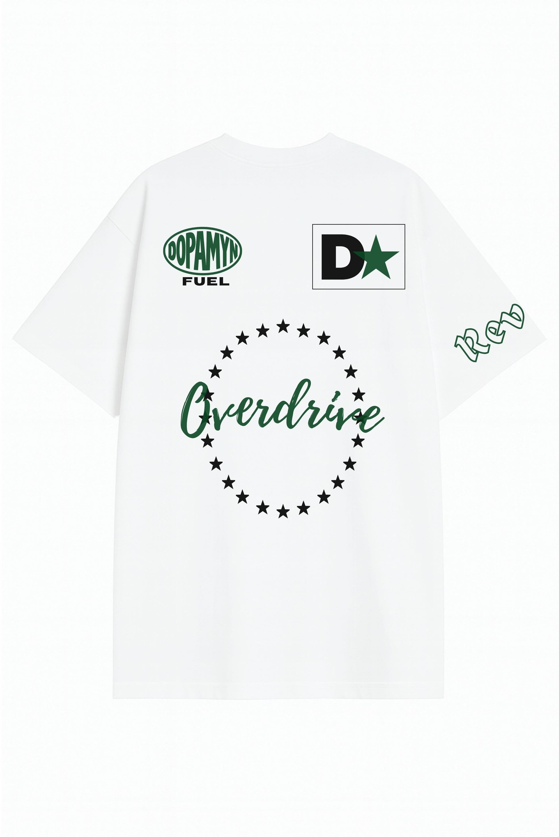 Playera oversized blanca Overdrive con logos DOPAMYN y círculo de estrellas verde.