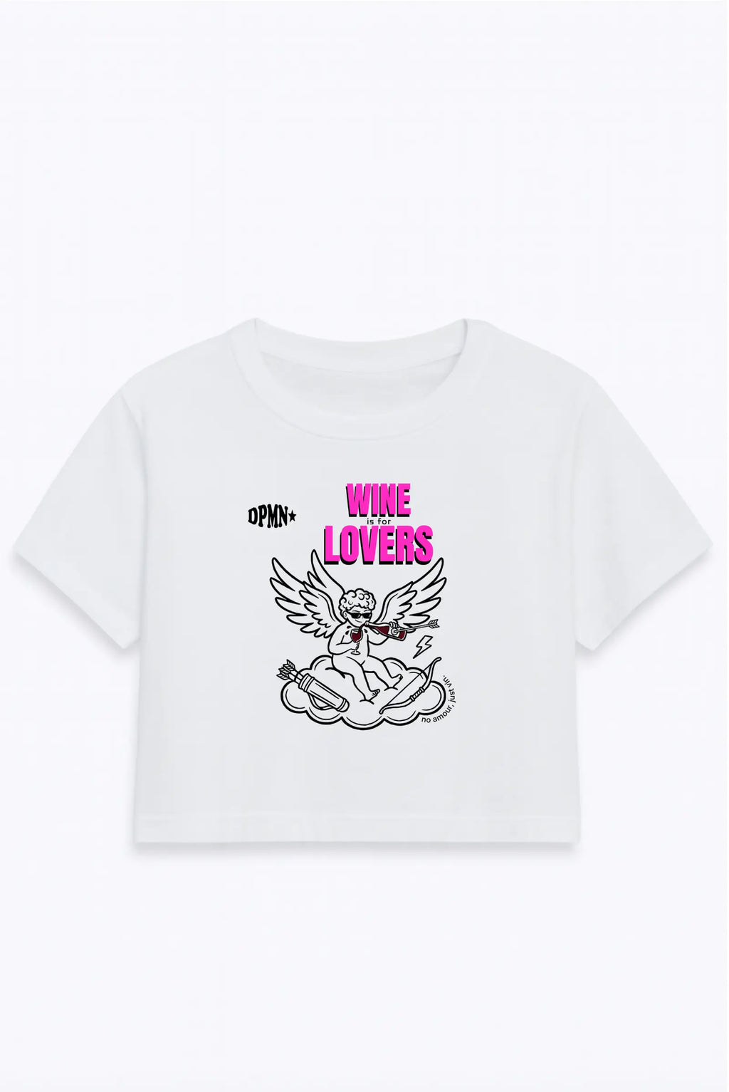 Crop top Wine Is For Lovers blanco para mujer corte regular con estampado de cupido con vino al frente DOPAMYN