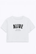 Crop top Alive blanco para mujer corte regular con estampado digital frontal DOPAMYN