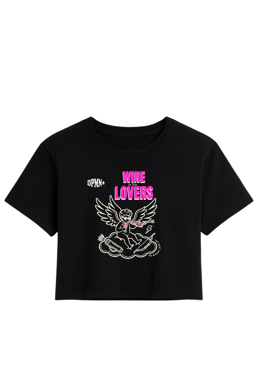 Crop top Wine Is For Lovers negro para mujer corte regular con estampado de cupido con vino al frente DOPAMYN