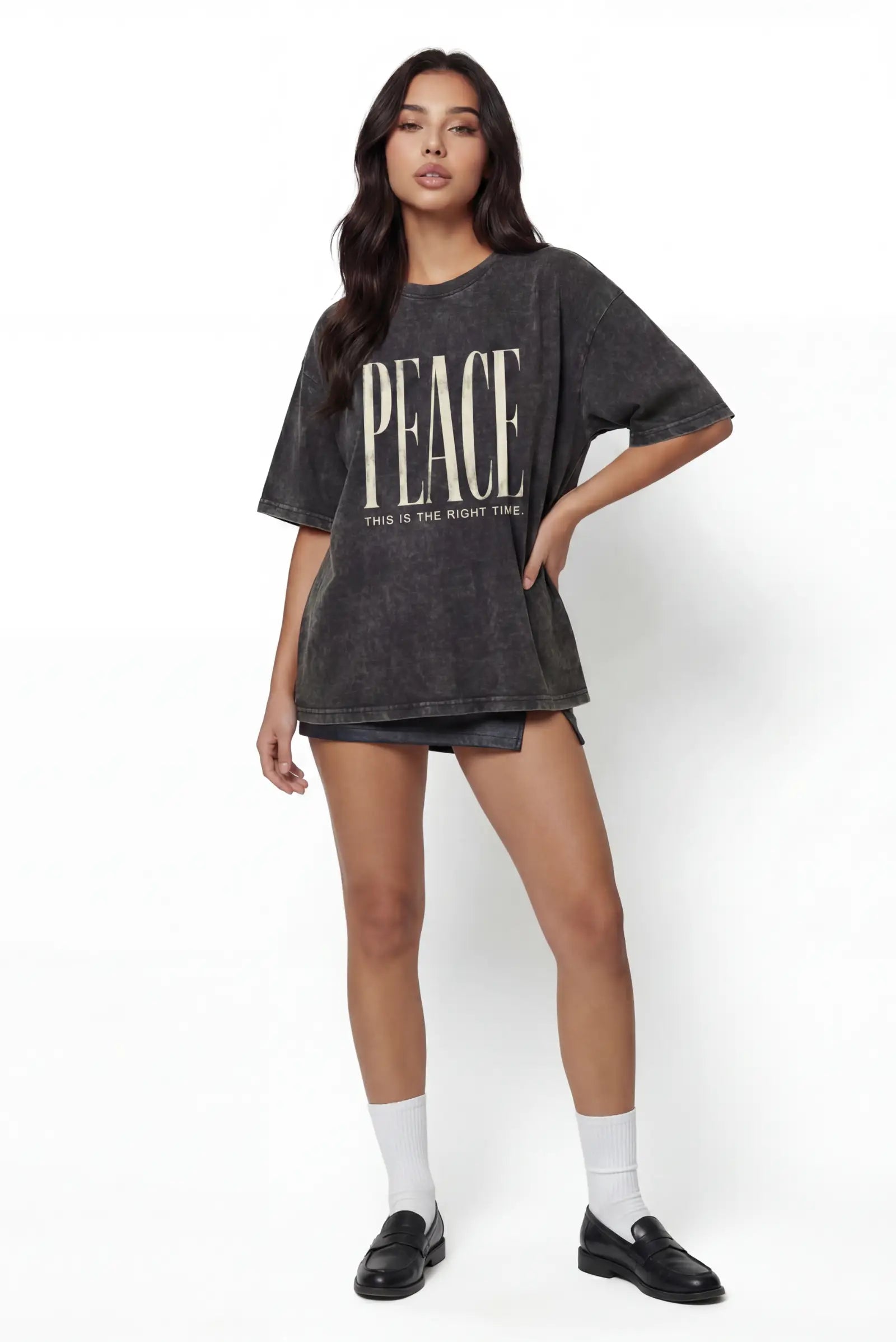 Peace Oversized Tee — Acid Washed Black