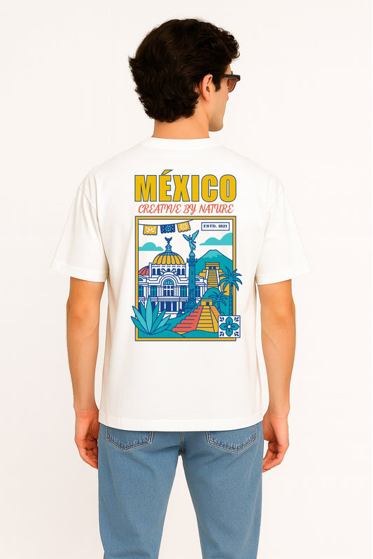 Playera unisex, oversize, casual, blanca con ilustración de monumentos y cultura de México