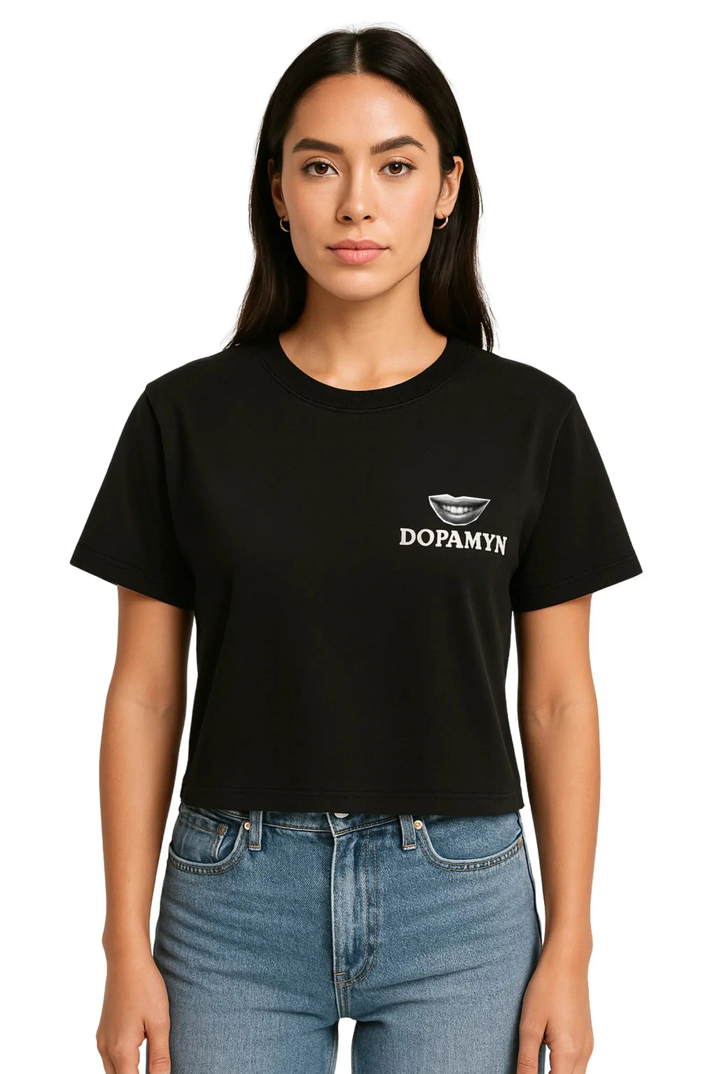 Crop top negro para mujer de algodón premium con diseño gráfico rebel atrás.