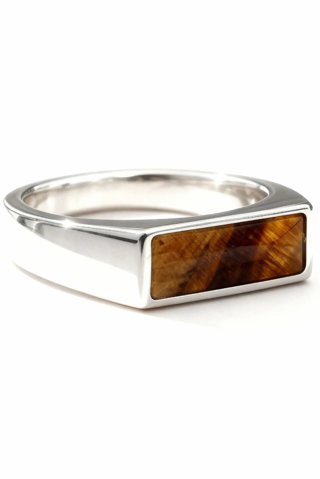 Anillo Rectangular en plata .950 diseño geométrico moderno unisex con piedra natural ojo de tigre DOPAMYN
