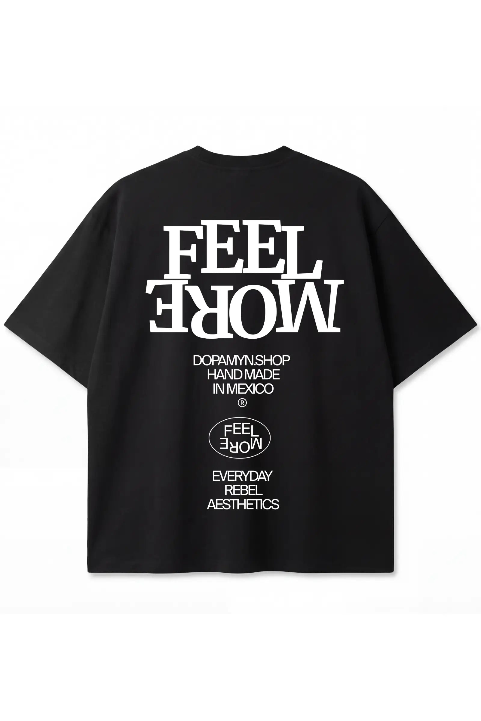 Playera negra unisex oversize con estampado Feel More de Dopamyn