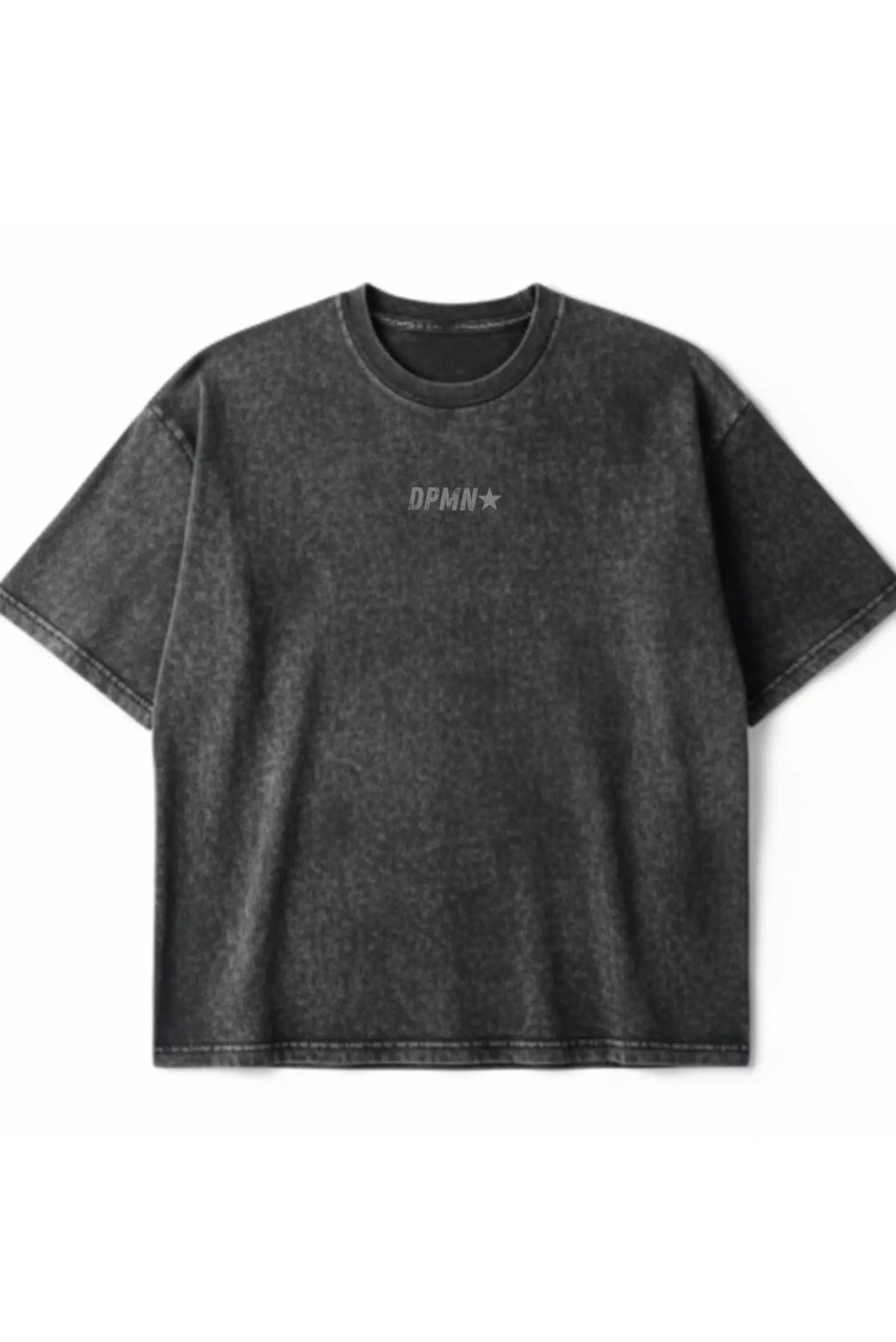 Playera DPMN oversized tee negra acid washed logo DPMN estrella frontal streetwear unisex