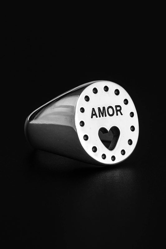 Anillo unisex de plata con palabra AMOR y corazón - Dopamyn