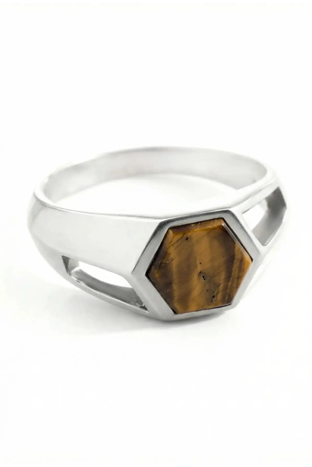 Anillo Nexus en plata .950 diseño hexagonal joya artesanal estilo moderno minimalista y unisex con piedra natural ojo de tigre DOPAMYN