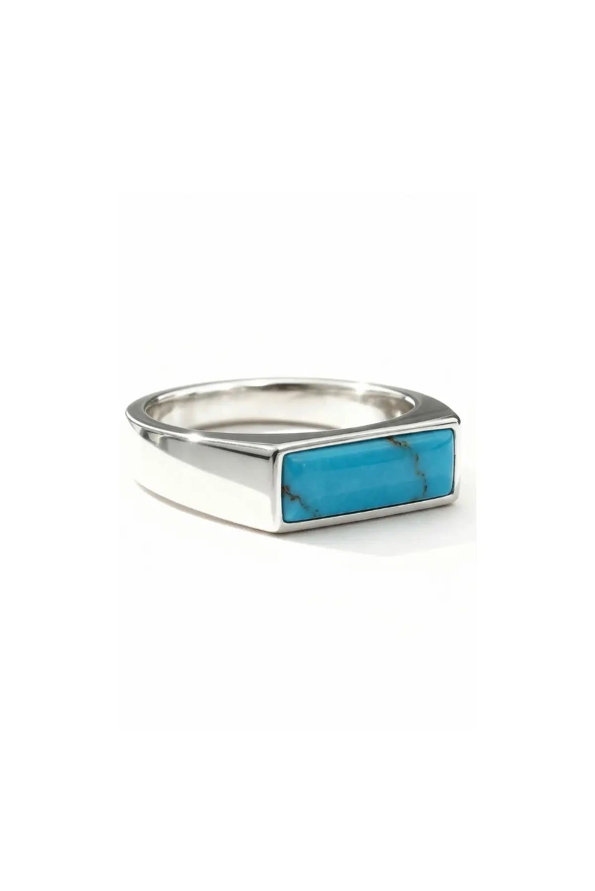 Anillo Rectangular en plata .950 diseño geométrico moderno unisex con piedra natural turquesa DOPAMYN