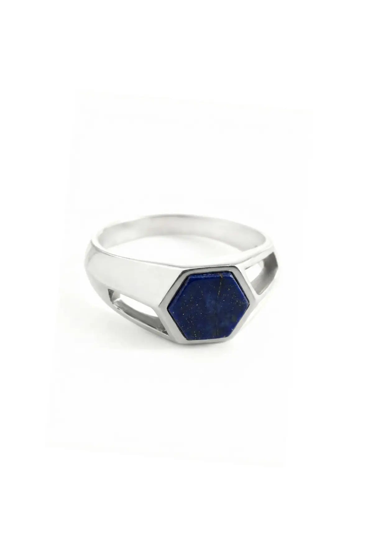 Anillo Nexus en plata .950 diseño hexagonal joya artesanal estilo moderno minimalista y unisex con piedra natural lapislázuli DOPAMYN