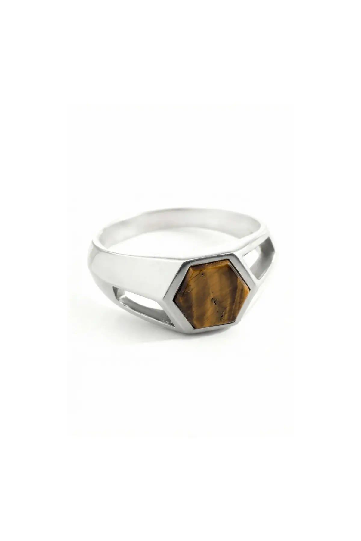 Anillo Nexus en plata .950 diseño hexagonal joya artesanal estilo moderno minimalista y unisex con piedra natural ojo de tigre DOPAMYN