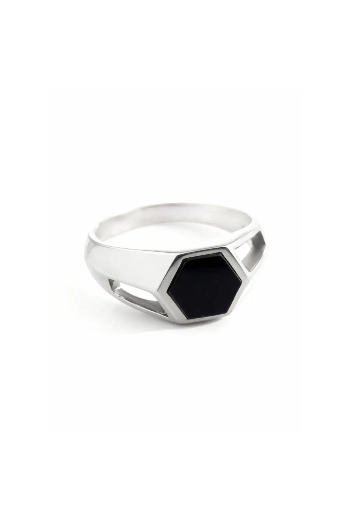 Anillo Nexus en plata .950 diseño hexagonal joya artesanal estilo moderno minimalista y unisex con piedra natural onix DOPAMYN