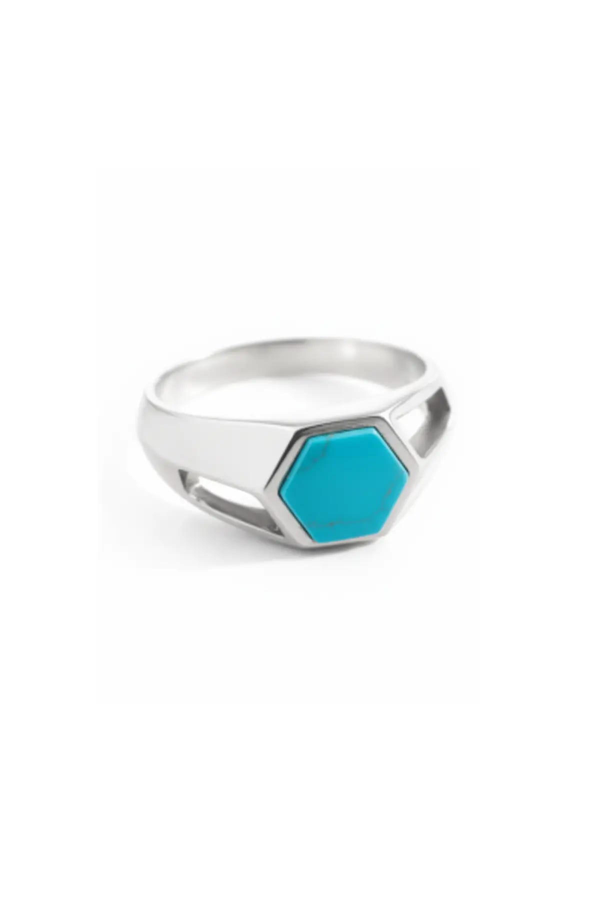 Anillo Nexus en plata .950 diseño hexagonal joya artesanal estilo moderno minimalista y unisex con piedra natural turquesa DOPAMYN