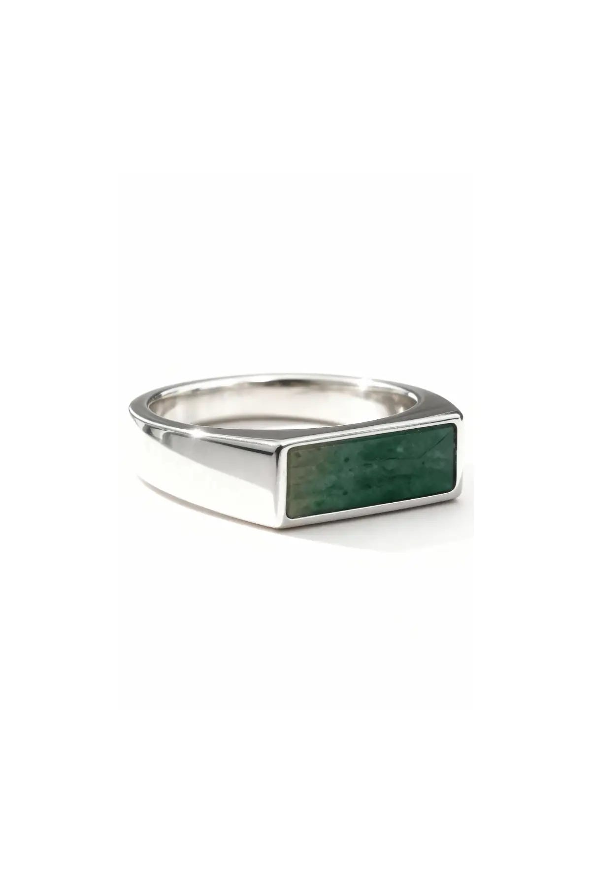 Anillo Rectangular en plata .950 diseño geométrico moderno unisex con piedra natural jade DOPAMYN