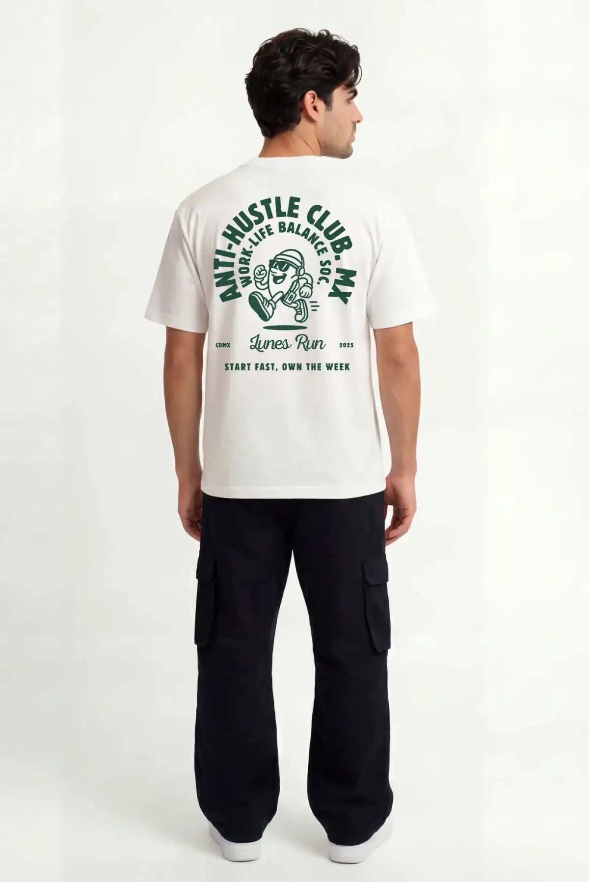 Playera Anti-Hustle Oversized Tee blanca unisex con estampado Dopamyn vista frontal