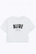 Crop top Alive blanco para mujer corte regular con estampado digital frontal DOPAMYN