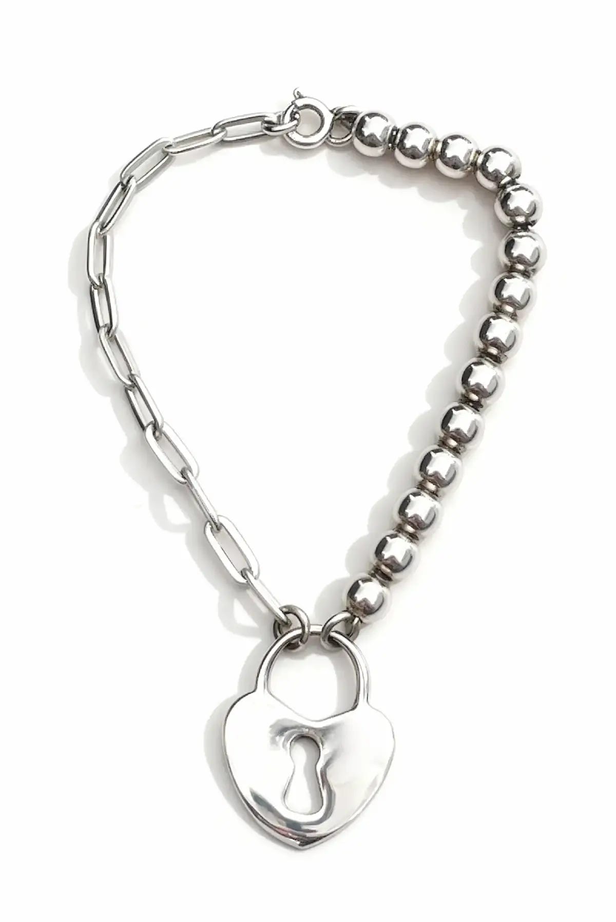 Pulsera LockHeart unisex con perlas, candado de corazón liso en plata Dopamyn
