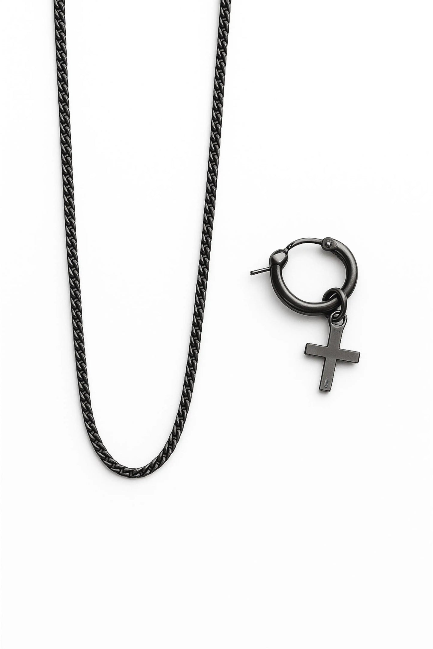 Set de cadena barbada y arete de cruz pavonada en plata esterlina – Dopamyn