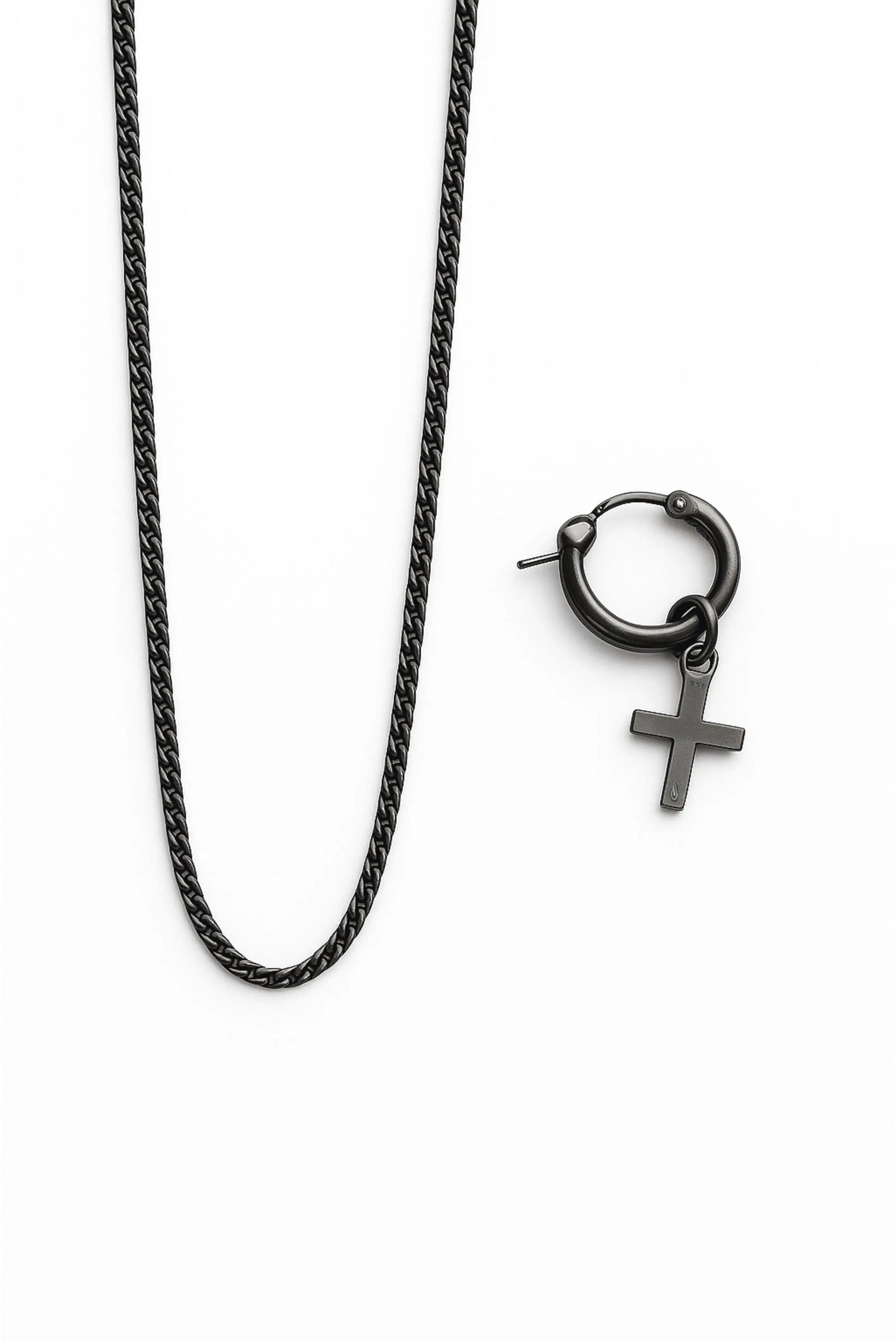 Set de cadena barbada y arete de cruz pavonada en plata esterlina – Dopamyn