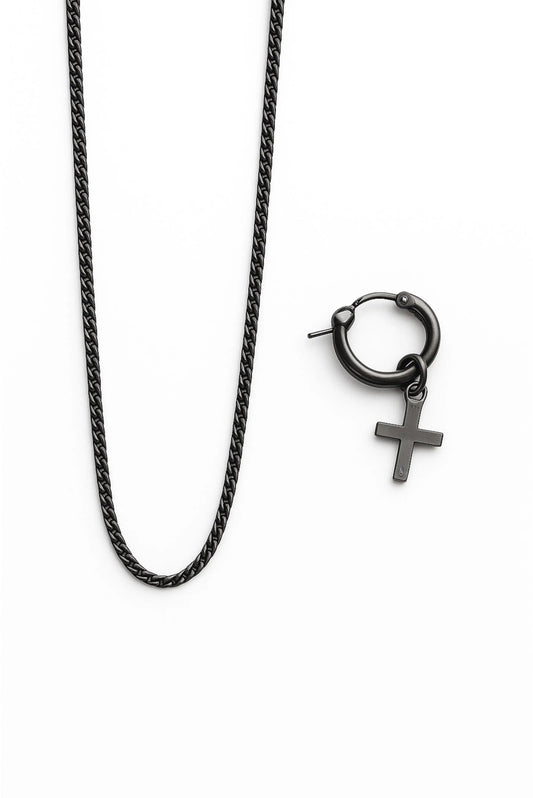 Set de cadena barbada y arete de cruz pavonada en plata esterlina – Dopamyn