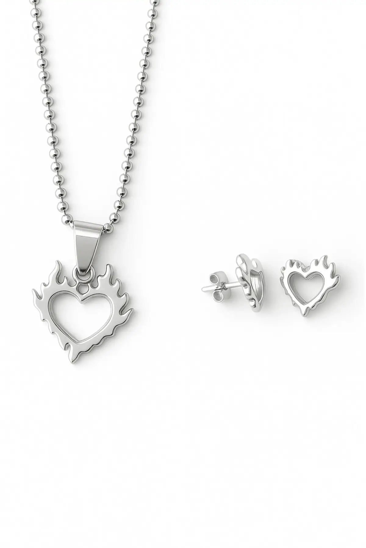 Set Heart on Fire con collar y aretes unisex de corazón en llamas, plata esterlina DOPAMYN