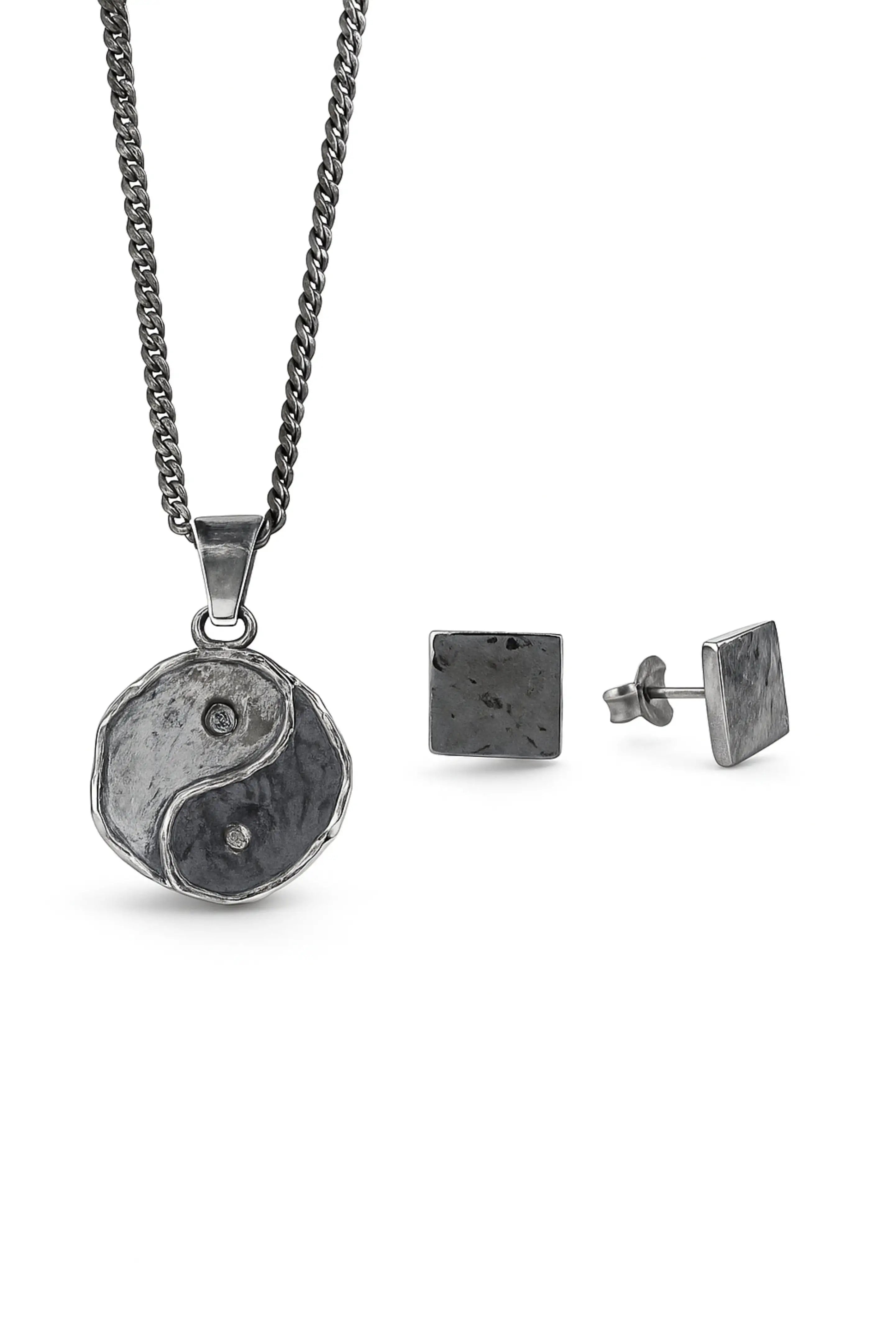 Set Ying Yang con cadena barbada y colgante Ying Yang en plata esterlina, más aretes cuadrados martillados Harmonia – DOPAMYN