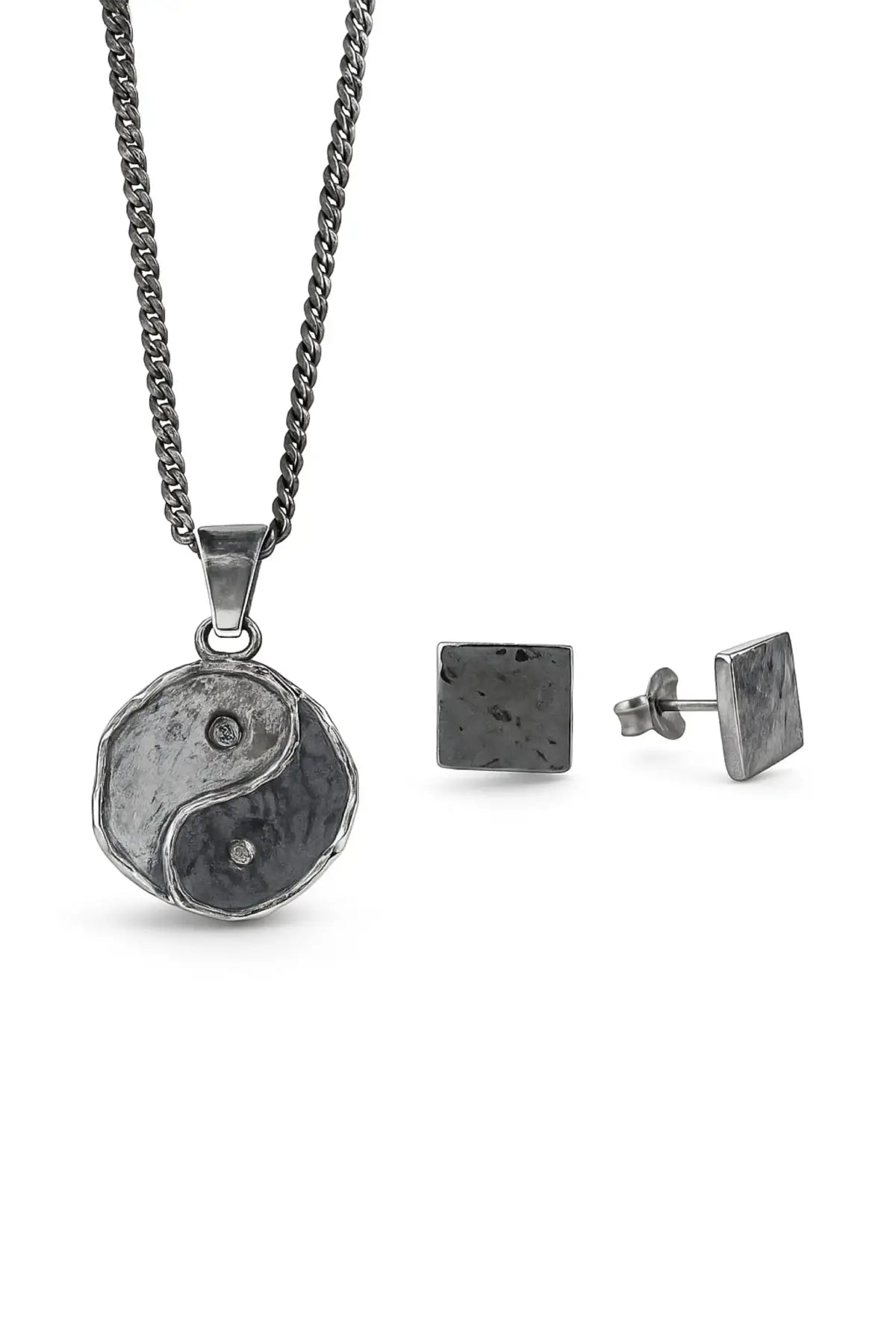 Set Ying Yang con cadena barbada y colgante Ying Yang en plata esterlina, más aretes cuadrados martillados Harmonia DOPAMYN