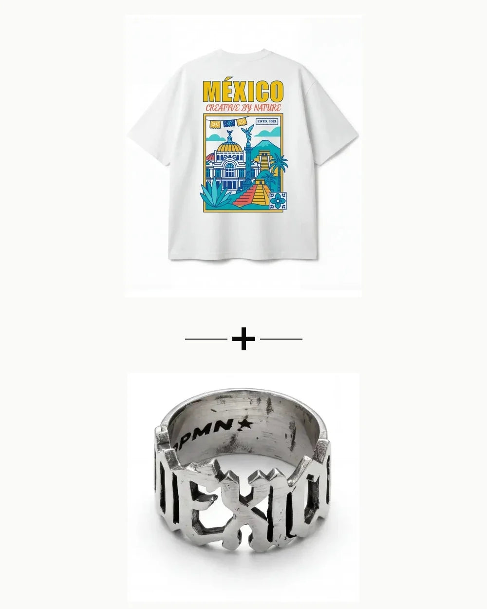 Bundle Anillo México y México Oversized Tee, plata .950 y playera de algodón con estampado de México