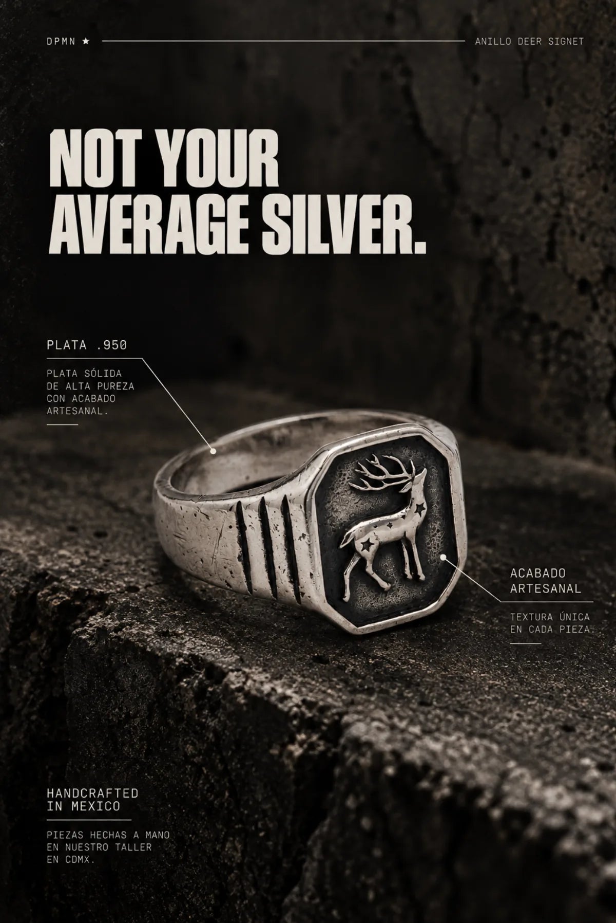 Anillo Deer Signet DPMN★ en plata .950 con venado grabado, plata sólida de alta pureza y textura única en cada pieza